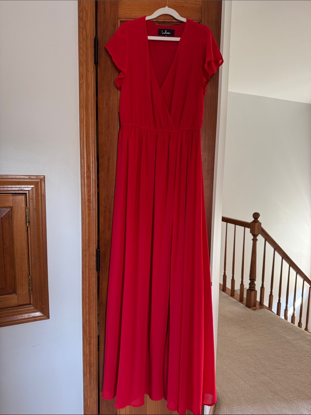 Lulu's Crimson V-Neck Flutter Sleeve Maxi Dress